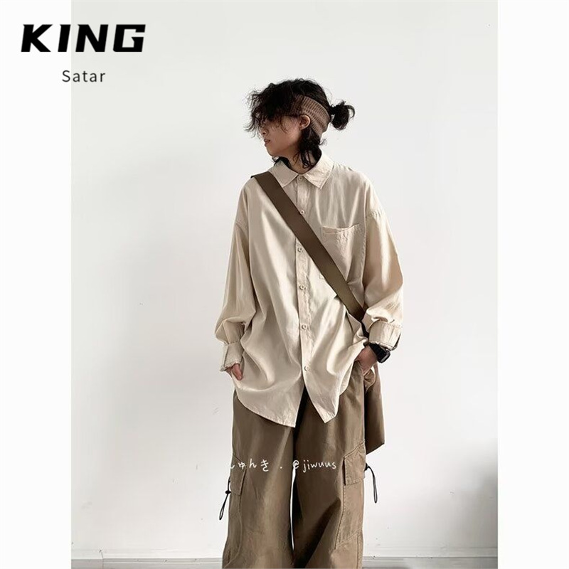 Spring and Autumn Japanese Retro Solid Color Long-Sleeve Shirt for Men, Hong Kong Style Versatile College Loose Casual Work Shirt