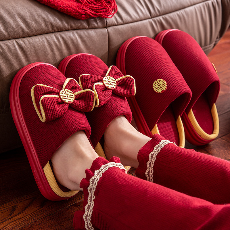 Тапочки для свадьбы, праздничная красная пара, осенние и зимние, ЭВА, толстая подошва, для невесты и жениха