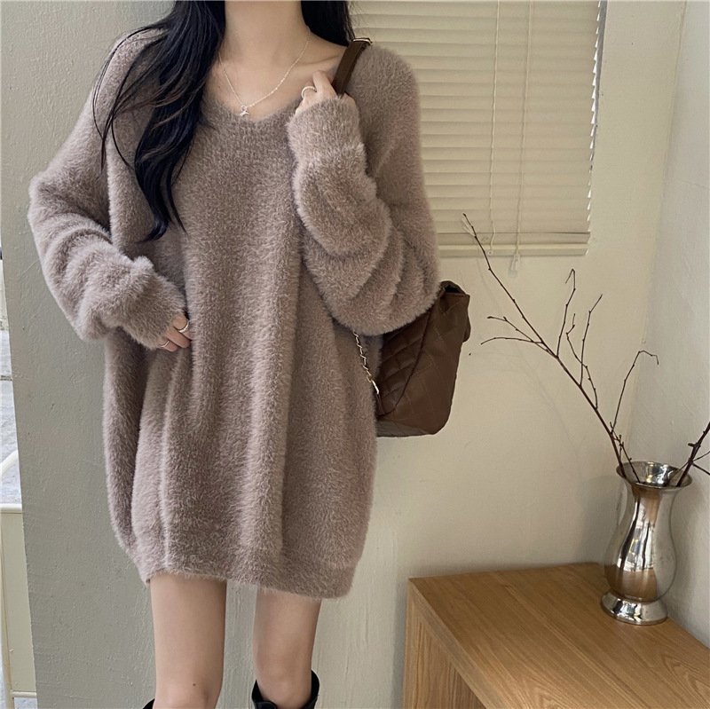 2025 Spring and Autumn Imitation Mink Knitted dress Autumn and Winter Big Sweater Lazy Wind Mao Mao Socialite Pullover Jacket Women's Fashion