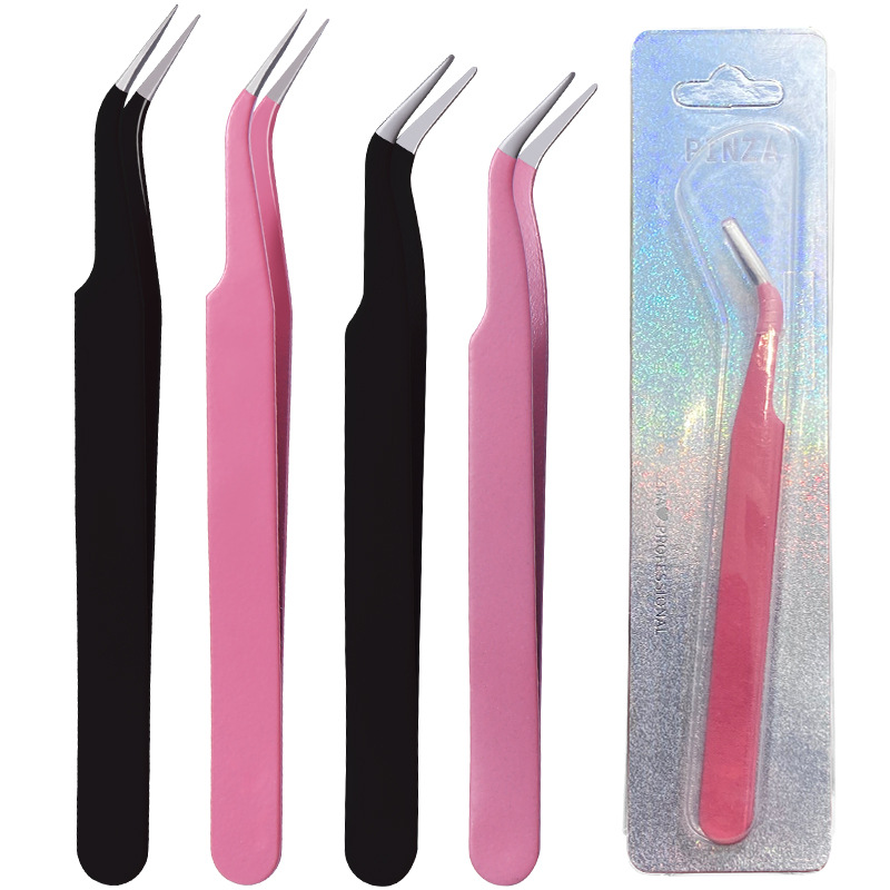 Пинцет для накладных ресниц из нержавеющей стали золотой с пером, толстый, розовый, с картонной упаковкой