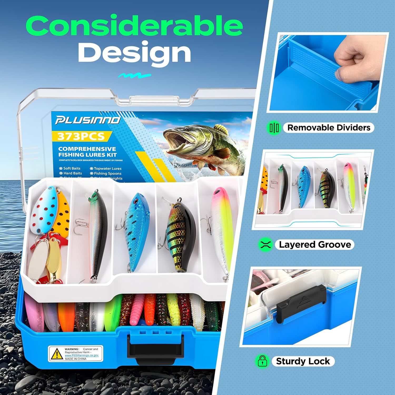 373 Pieces Fishing Lure Kit with Removable Tray Fishing Tackle Accessories with Pliers