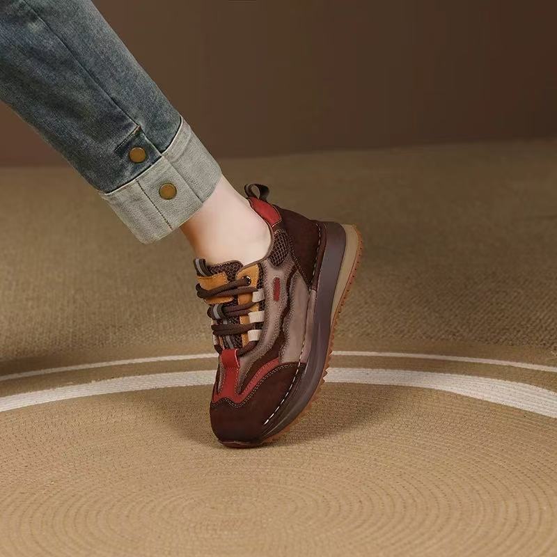 2025 Autumn New Thick-Soled Genuine Leather Retro Versatile Casual Shoes Color-Block Soft-Soled Women's Sneakers