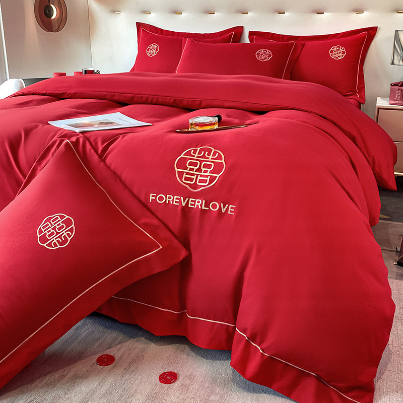 Wedding washed cotton festive four-piece set Chinese bright red bed sheet high-end embroidered quilt cover wedding room bedding
