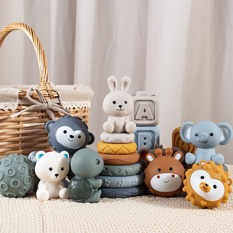 Cross-Border Infant and Toddler Pinch Feel Ball Toy Soft Rubber Square Building Blocks Stacking Ring Baby Hand Ball Stacking Toy