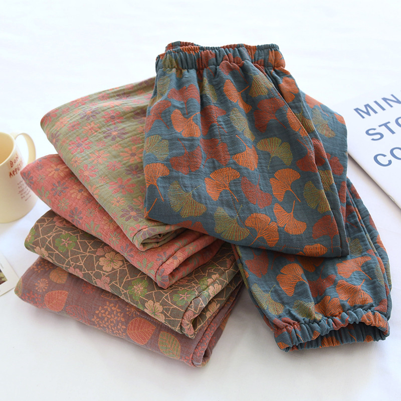 Vintage Yarn-dyed Jacquard Women's Pajama Pants Spring Summer Autumn Cotton Gauze Thin Household Pants Confining Loose Casual Trousers