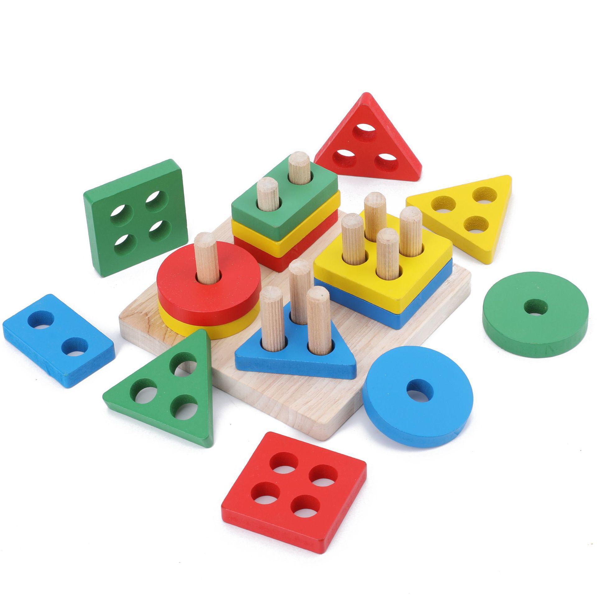 Early Education Educational Toys Wooden Four Sets of Columns Five Sets of Columns Intelligence Montessori Geometric Shape Cognitive Matching Building Blocks Cross-Border