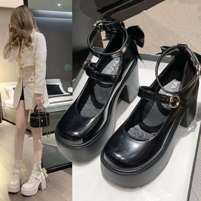 Hot Girl White High Heels Women's 2025 Spring New Waterproof Platform Heightening Sweet Bow Mary Jane Small Leather Shoes