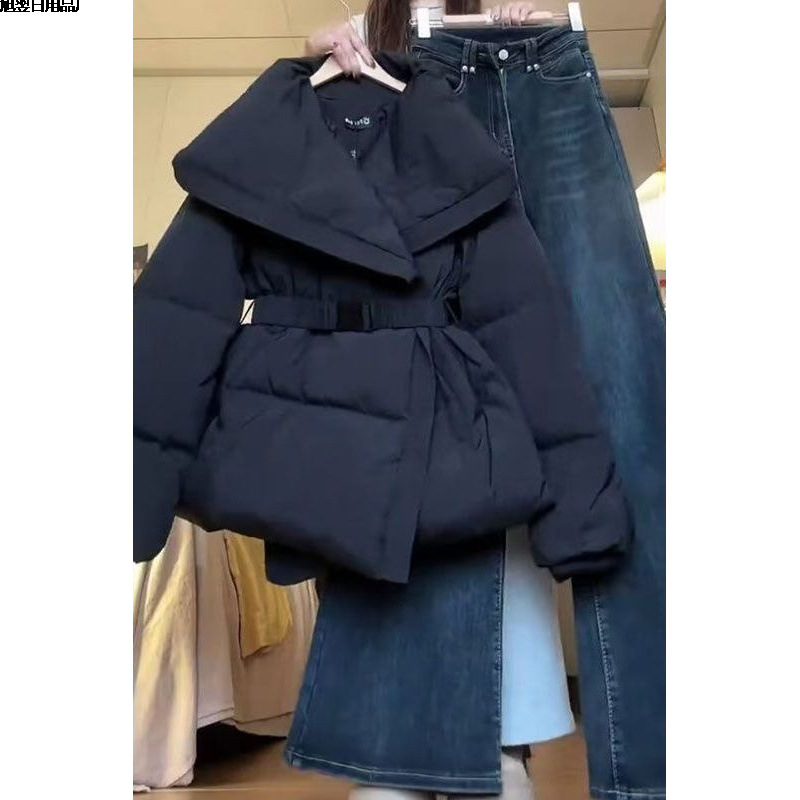 Зимнее женское хлопковое пальто с отложным воротником, новый дизайн с завязкой на талии, теплая пуховка, модная хлопковая одежда