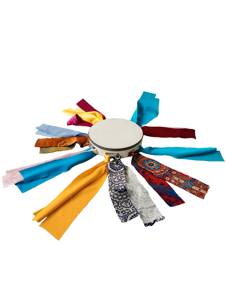Mongolian Ancient Goatskin Drum Creative Ribbon Style Gorgeous Silks and Satins Blessing Tambourine Xizang Ritual Festival