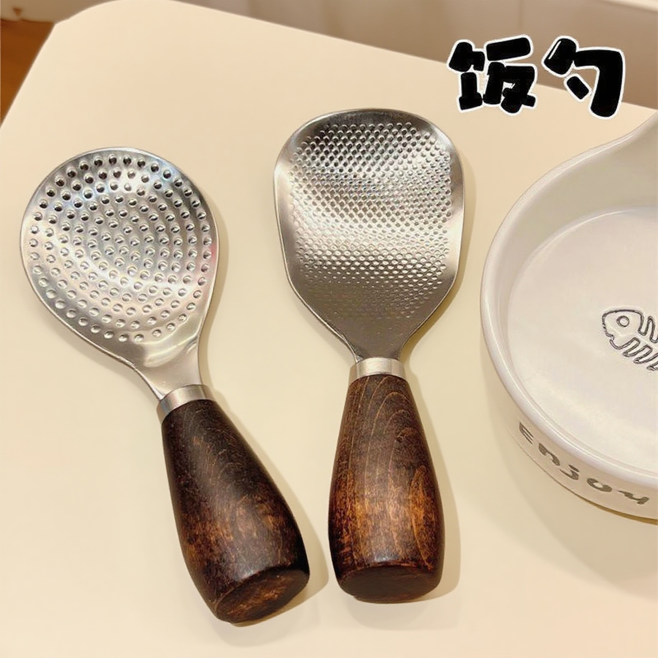Thickened Vertical Rice Spoon Household Wooden Handle Rice Cooker Rice Stainless Steel Spoon Kitchen Rice Serving Wooden Handle Non-Stick Rice Spoon