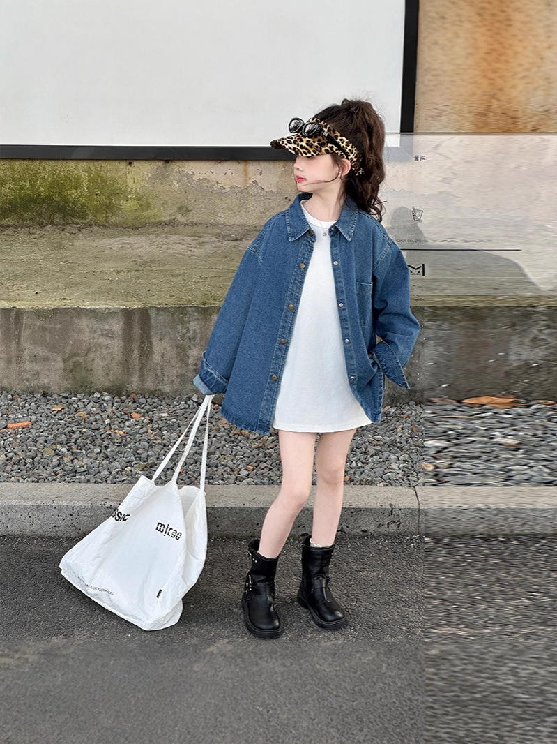 Girls' Denim Shirt 2025 Autumn New Style for Older Girls, Children's Autumn White Crew Neck Base Shirt