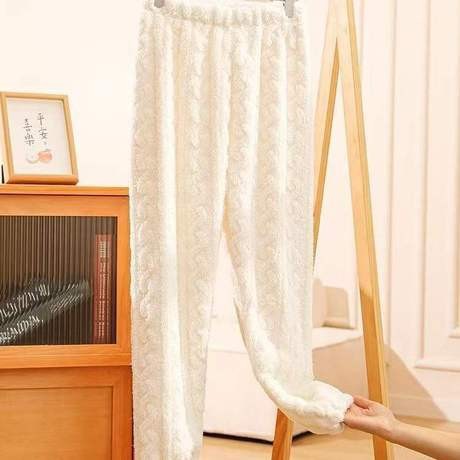 Flannel Pajamas Women's Coral Velvet Fleece-Lined Thickeneded Warm Jacquard Home Pants Autumn and Winter Loose Plush Pants