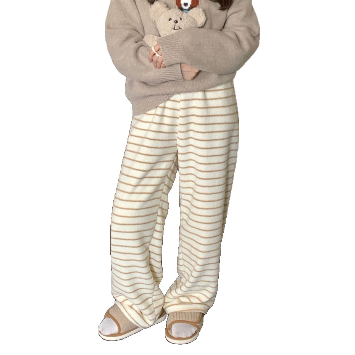 Korean-Style Striped Long Pants, Half-Velvet Flannel Home Pants, Thickened Warm Straight-Leg Casual Pants for Outdoor Wear