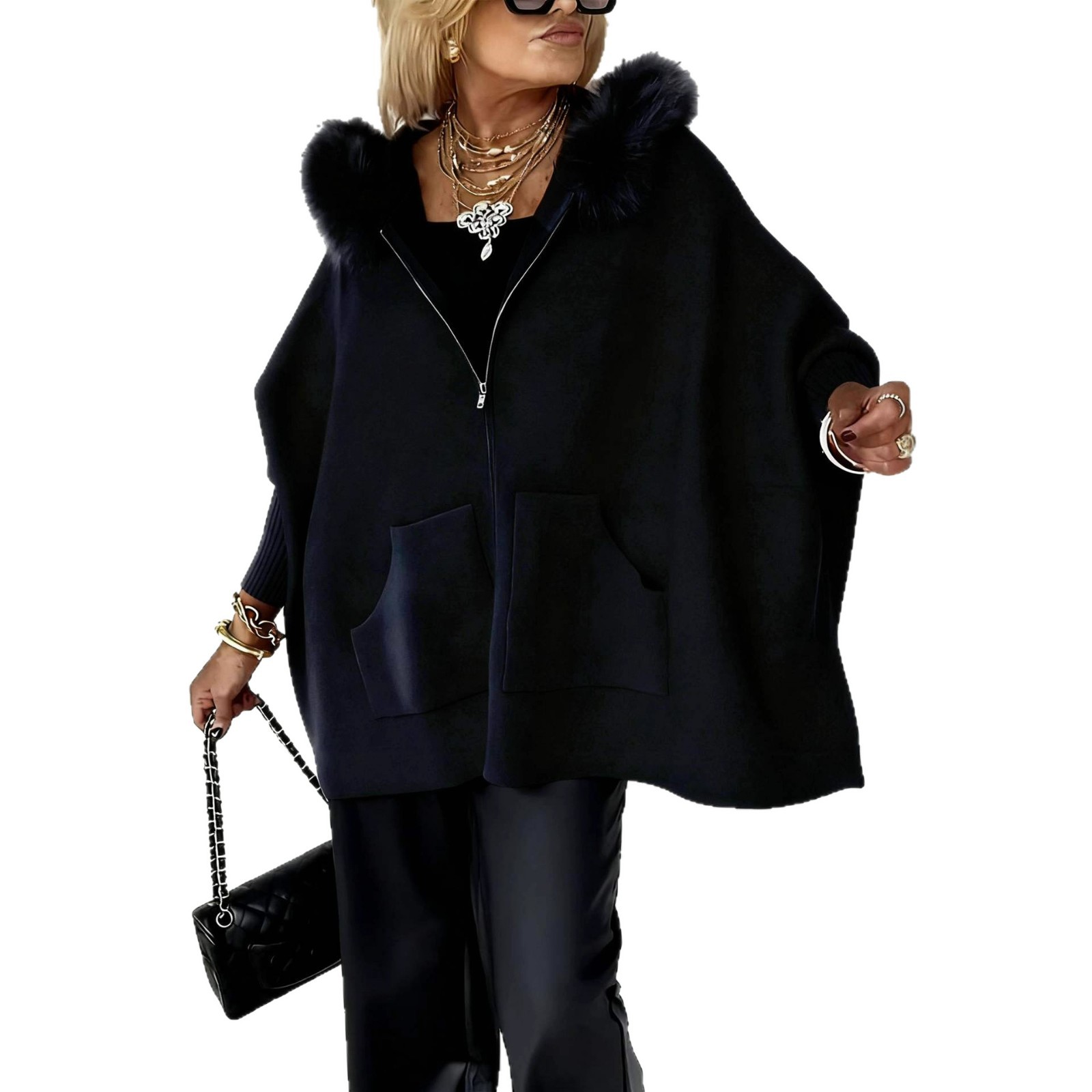 2025 Autumn/Winter European and American Cross-Border Amazon Fashion Loose Pocket Zipper Large Fur Collar Knitted Hooded Jacket