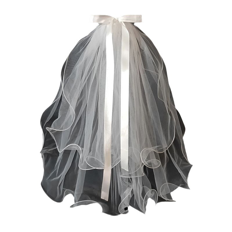 Internet celebrity bow veil adult children's wedding wedding wedding license double-layer short pearl white veil