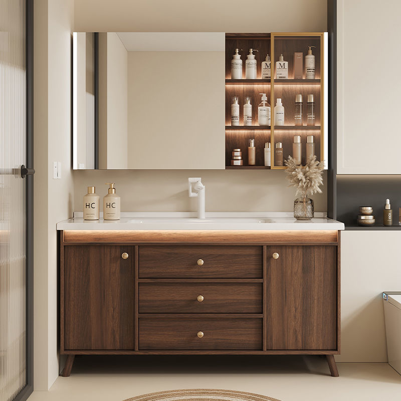Walnut Washbasin Cabinet Combination Bathroom Bathroom Cabinet Ceramic Integrated Basin Washbasin Washbasin Bathroom Bathroom Cabinet