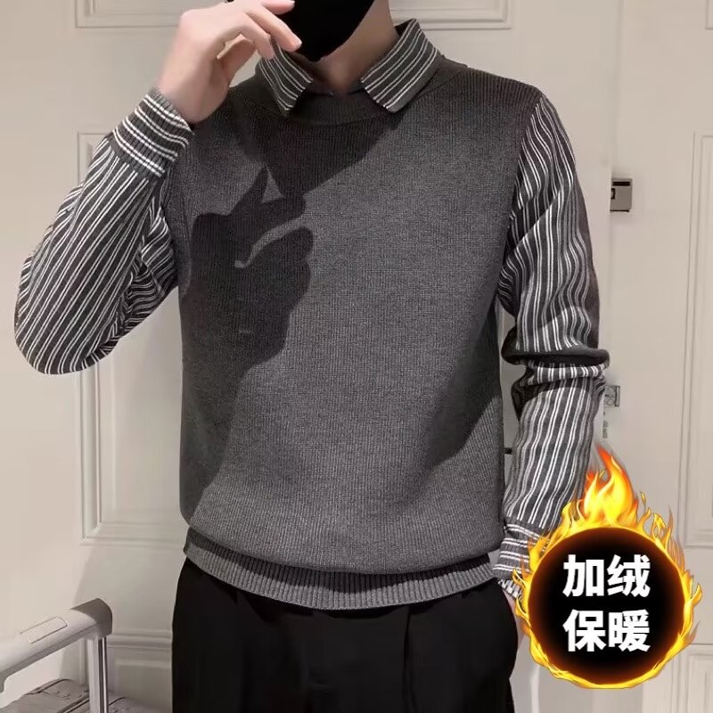 2024 fleece-lined thickened fake two-piece striped lapel sweater men's autumn and winter fashion brand advanced slim sweater sweater sweater