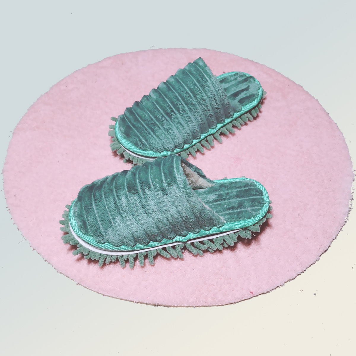 Cross-border Winter New Fluffy Striped Lazy Scrubbing Slippers Chenille Bottom Removable Cleaning Mop Slippers