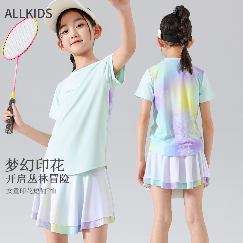 Девочковая футболка с коротким рукавом 25, новая летняя быстросохнущая, эластичная, приятная к коже, спортивная, повседневная, с принтом, теннисная одежда, перо