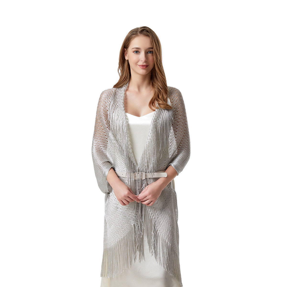 2024 New Polyester Batwing Sleeve Shawl Gold and Silver Summer Thin Outer Hollow Tassel Sunscreen plus size Cardigan