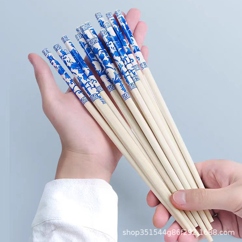 Blue and white porcelain chopsticks printed bamboo chopsticks manufacturers wholesale household hotel restaurant takeaway disposable chopsticks in large quantities