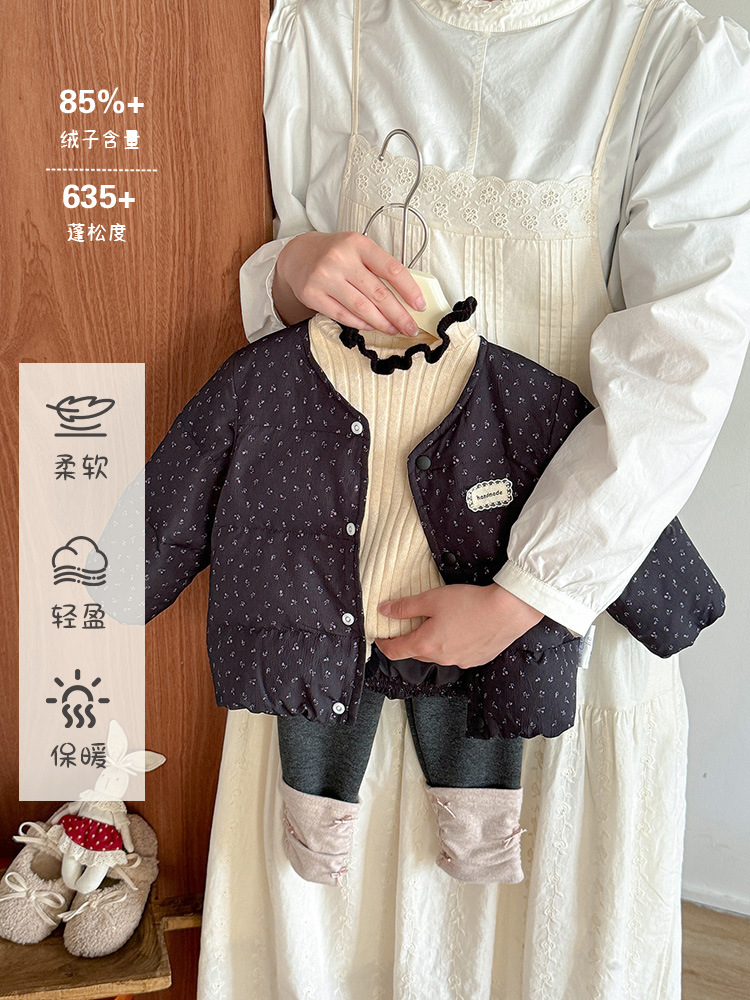 Baby Thickened down Jacket with Floral Pattern for Girls, Short Style, Autumn and Winter, 90% White Duck down Coat, Class a