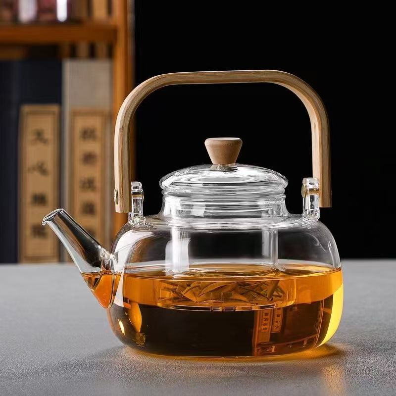 Heatable High-Temperature Borosilicate Glass Bamboo Handle Tea Brewing Pot with Integrated Steaming and Filtering Tea Pot with Handle