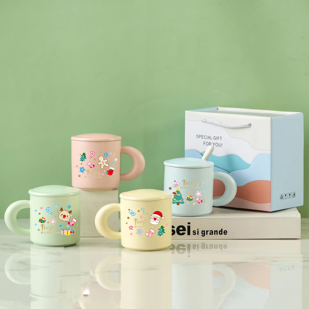 Керамический рождественский подарок, набор чашек с крышкой и ложкой, кружка для молока, кружка для кофе с узором