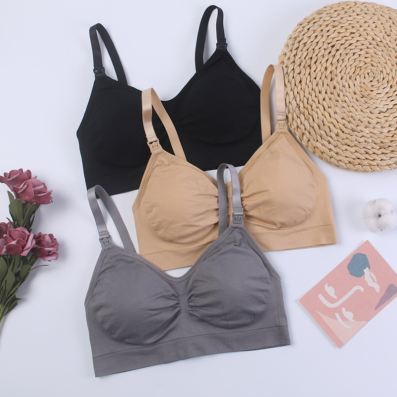 Nursing Bra with Top Buckle, No Rims, Double-Layer Seamless Postpartum Nursing Bra with Removable Breathable Breast Pads