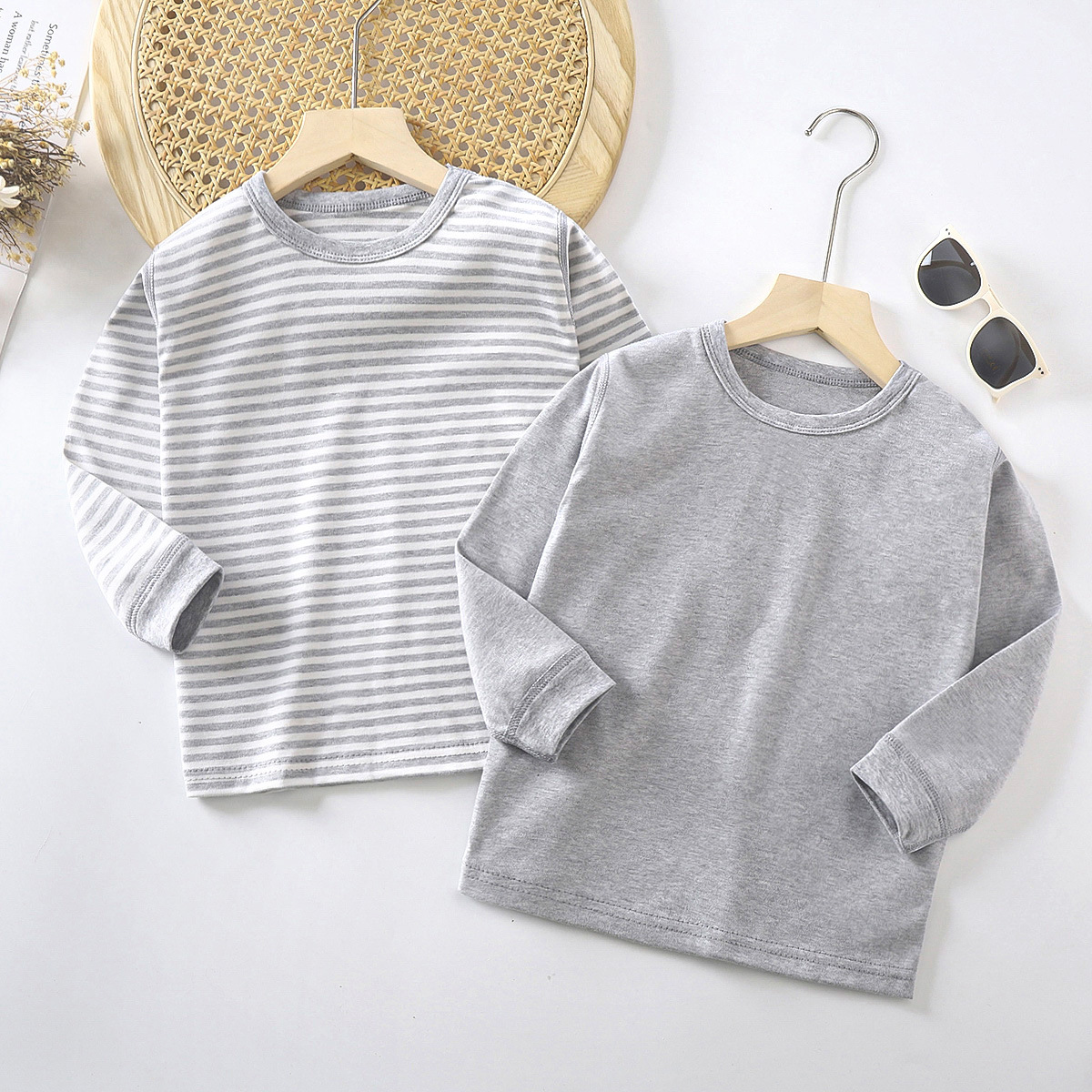 Children's Cotton Autumn Clothes Boneless Underwear Single Top Home Clothes Pajamas Autumn and Winter Striped Middle and Big Children