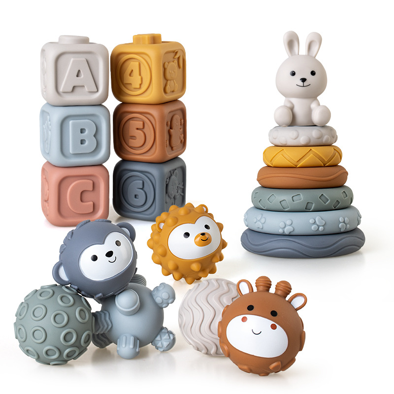 Cross-Border Infant and Toddler Pinch Feel Ball Toy Soft Rubber Square Building Blocks Stacking Ring Baby Hand Ball Stacking Toy