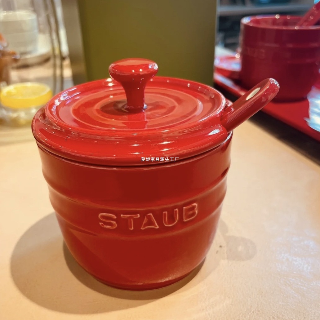 French Enamel Ceramic Sugar Shaker Salt Shaker Seasoning Jar Seasoning Bottle Seasoning Spoon Cherry Red Long Dish Heart-Shaped Cup