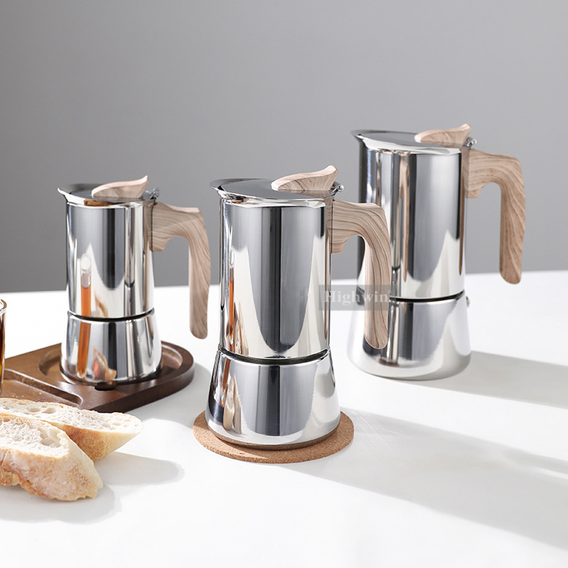 Kaiyu Stainless Steel Single Valve Moka Pot Water Transfer Wood Grain Handle Office Home Italian Concentrated Coffee Pot