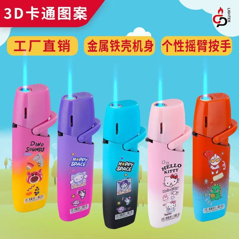 New explosion-proof windproof lighter cartoon pattern metal rocker inflatable lighter blue flame for boyfriend