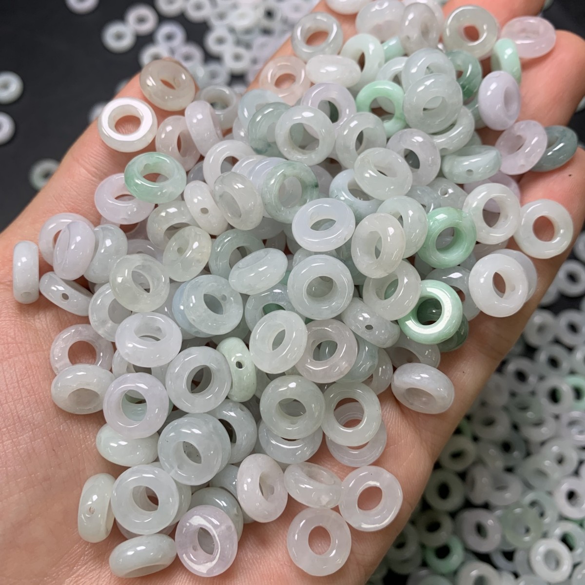 Natural Burmese jadeite A goods jade ring ice three-color small jade ring straight hole running ring jade woven jewelry accessories