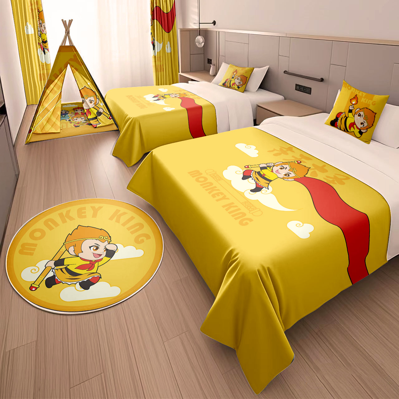Hotel Family Room Decoration with Sun Wukong and Journey to the West Cartoon Bedspread, Pillow, Tent Decoration, and Homestay Theme Room Renovation
