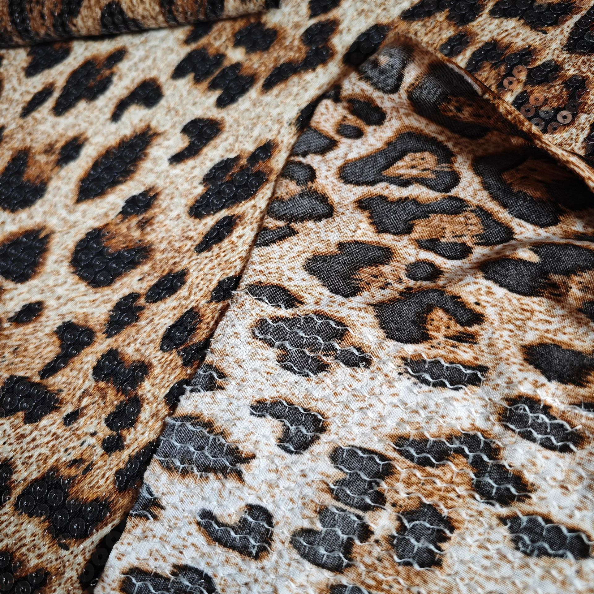 Ice Silk Leopard Print Sequin Embroidery Fabric Printed Leopard Print Knit Base Fashion Dress Wedding Dress Fabric