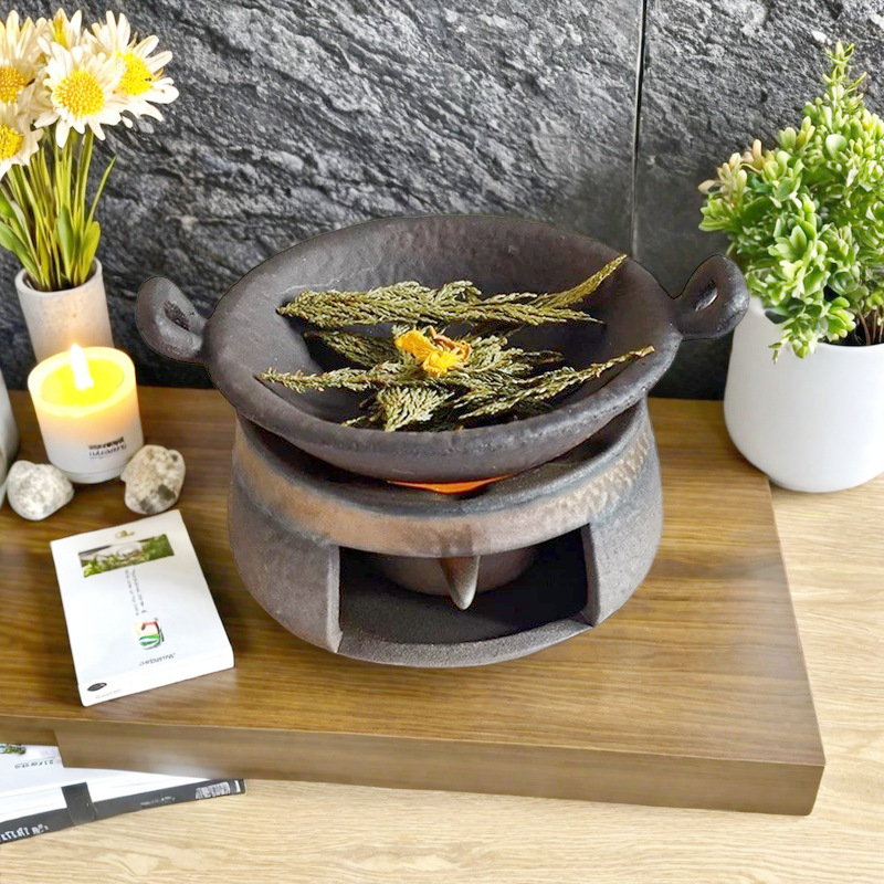 Coarse Pottery Heat-Resistant Home Desktop Incense Burner Retro Fireplace Home Office Tea Warmer Tea Incense Burner Can Be Used for Dry Burning