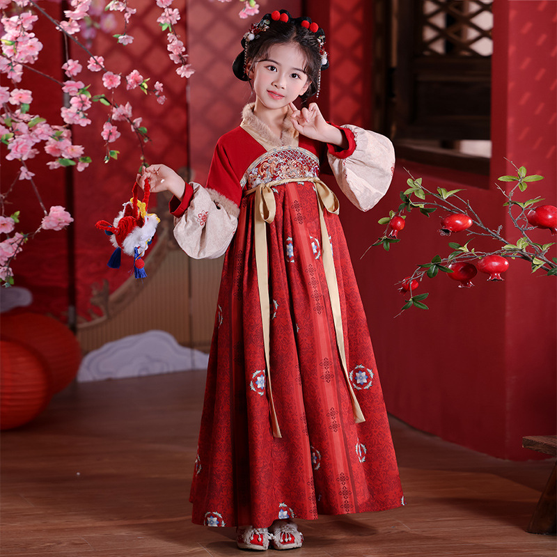 Hanfu Winter Fleece-Lined Traditional Chinese New Year Outfit for Girls, Autumn and Winter Thick Tang Suit Dress