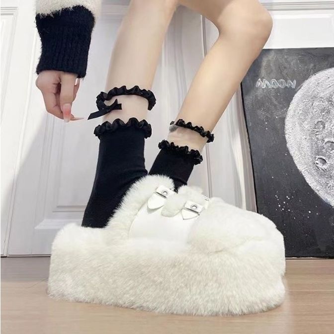 British Style Furry Slippers for Women to Wear Outside 2025 New Korean Style Elegant Versatile Autumn and Winter Ladies Thick-Soled Cotton Slippers