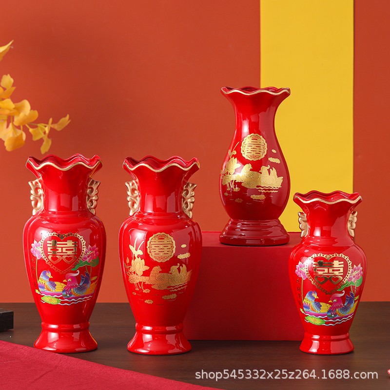 Китайская красная ваза 8 дюймов с счастливыми словами, керамическая ваза, свадебное украшение, украшение для гостиной