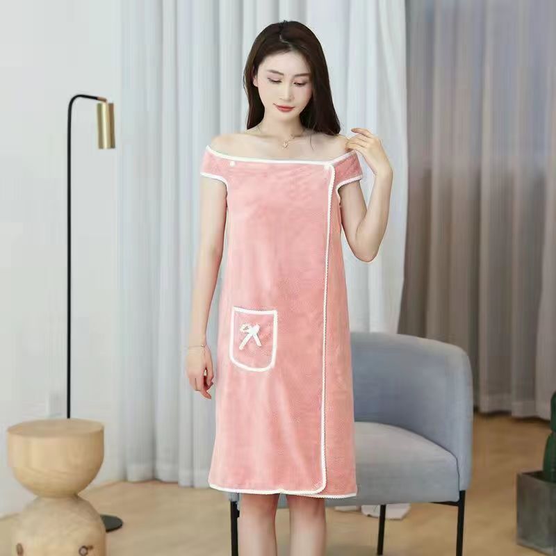 Women's Bath Skirt Coral Velvet Bathrobe Thickened Bath Towel Wearable Bow Pocket Suspender Bath Skirt