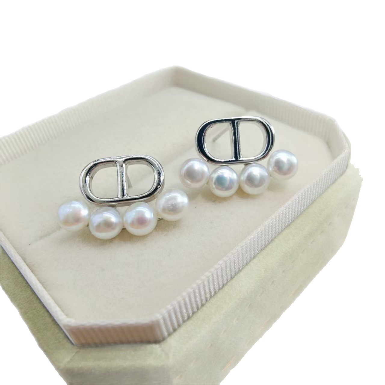 S925 Silver Needle Elegant Fashionable Simple Cd Letter Natural Pearl Earrings Exquisite Small Design Pendant Ring
