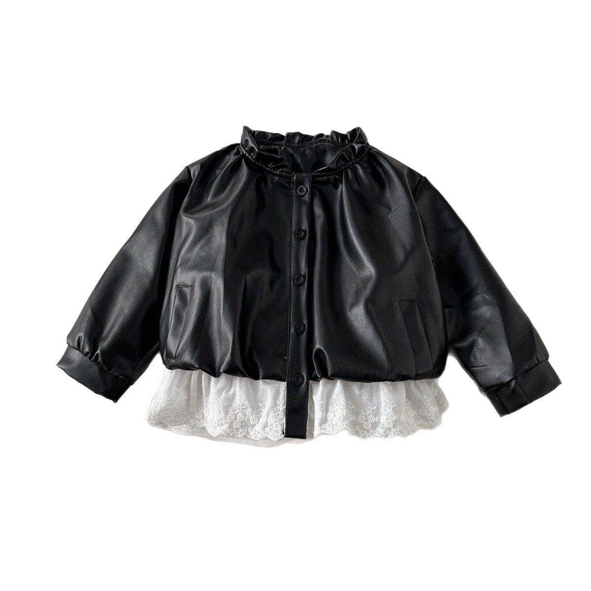 6762 New Korean Children's Clothing Girls' Outwears Autumn New Baby Girl Forest Lace Splicing Leather Jacket