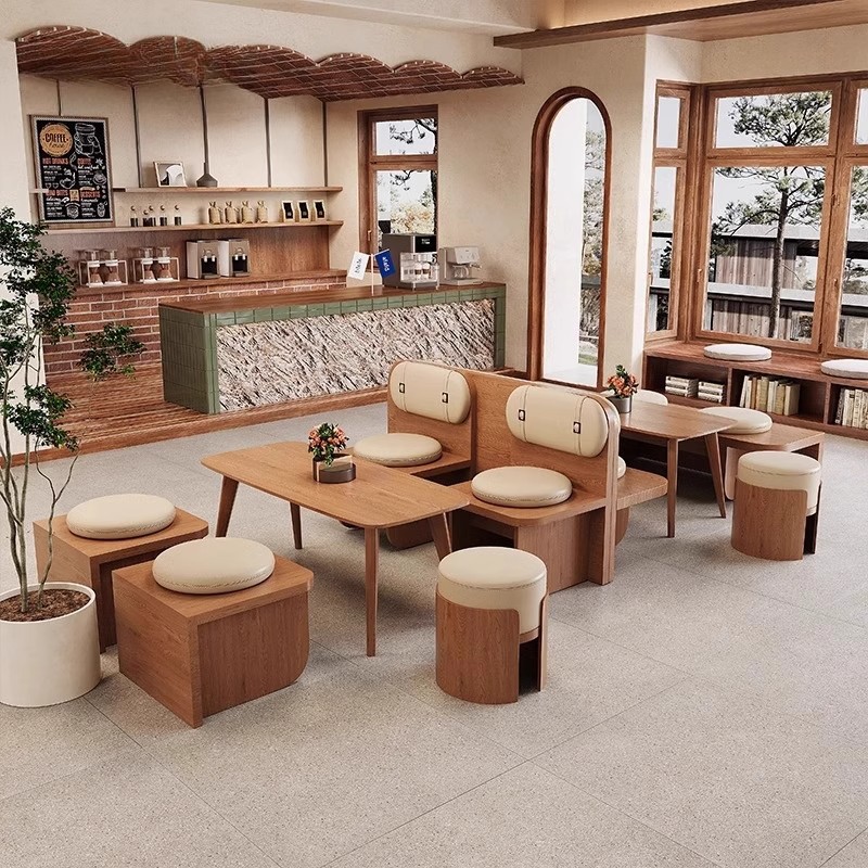 Комбинация стола и стульев для молочного чая, диван-карточка, обеденный стол для кафе, коммерческий бар, кейтеринг, чайный дом, стенка, сиденье из массива дерева