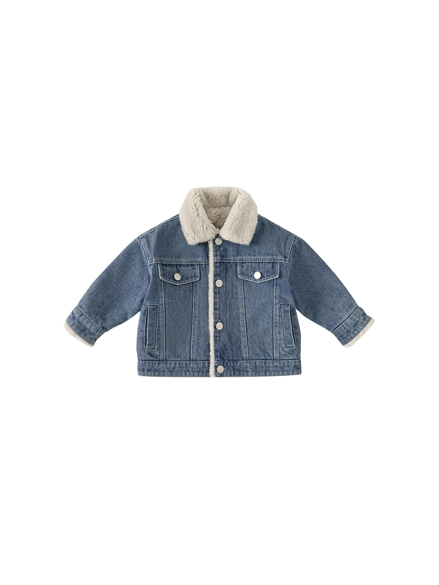 Youbao Children's Clothing Girls' Fleece-Lined Denim Jacket Autumn and Winter New Style Children's Thickened Fur Collar Boys' Jacket Winter Style