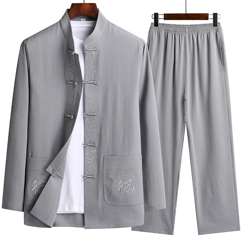 Tang Suit Men's Chinese Style Grandpa Long-Sleeved Cotton and Linen Suit Middle-Aged and Elderly Dad Spring and Summer Han Dynasty Men's Chinese Style Clothes for the Elderly