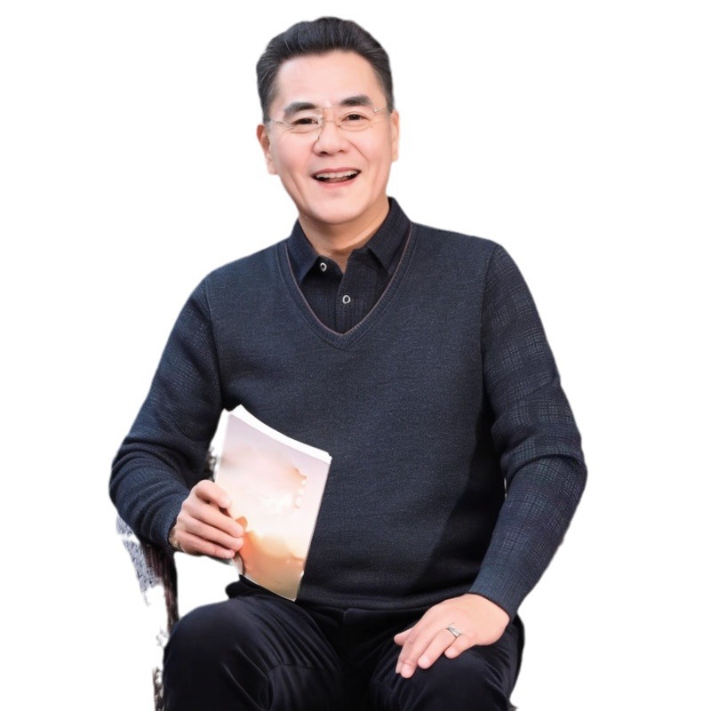Middle-aged fleece-lined Thickened Sweater Male Dad Fake Two-piece Warm Shirt 50-60 Year Old Grandpa Warm Clothes
