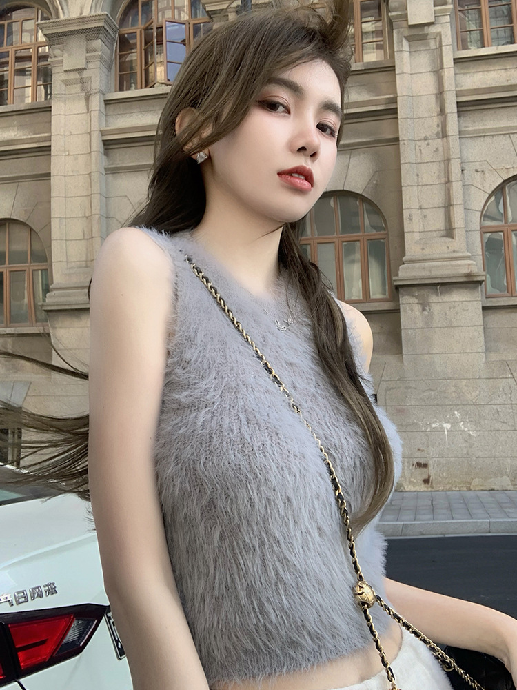 Mink Velvet Vest Women's Autumn and Winter Sexy Sleeveless Furry Short Top Soft Waxy Inner Plush Base Shirt