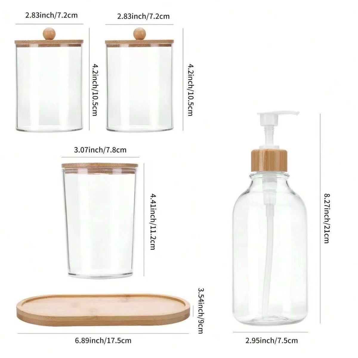 Zhuo Lin Transparent Bamboo Lid Hand Sanitizer Bottle Toothbrush Cup Bathroom 4-Piece Set Cotton Swab Storage Box Cotton Ball Jar